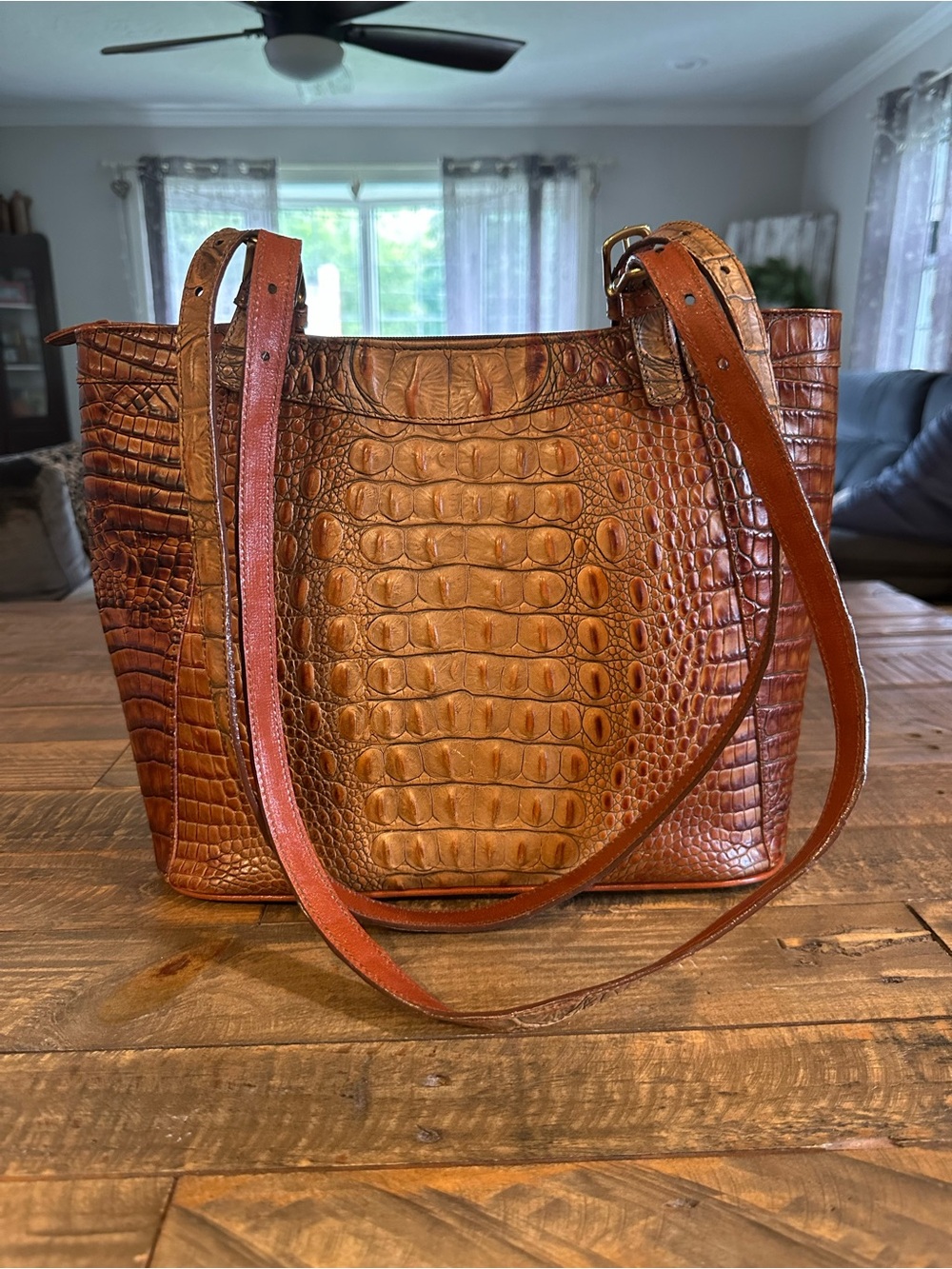 Structured Crocodile Embossed Leather Tote Bag